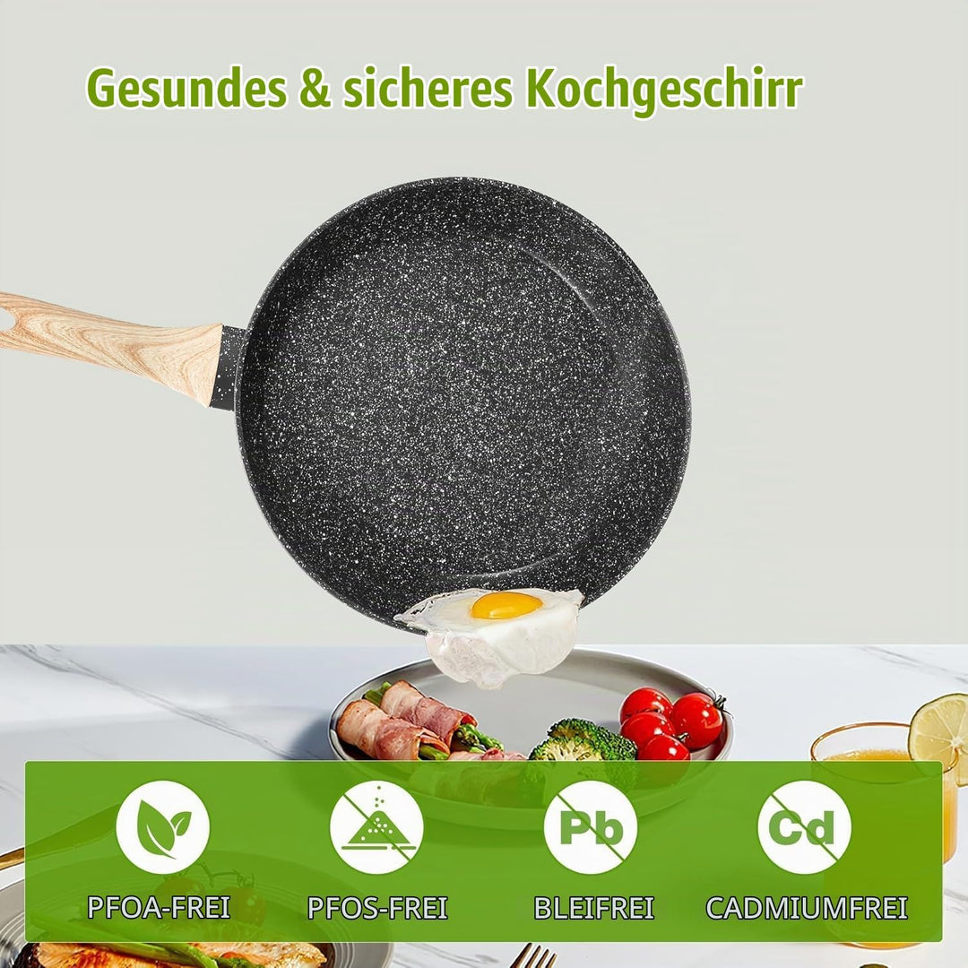 Topfset Induktion, 19-Teilig Schwarz Granit Topf und Pfannenset, Bratpfanne 24/28cm, Kochtopf 18/20c