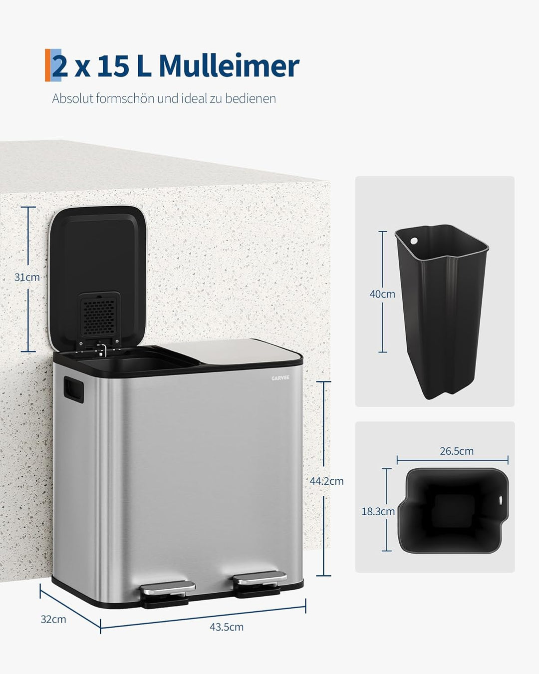 GarveeHome Mülleimer Küche, 2 x 15 L, Mülltrennsystem 2 Fächer, Edelstahl-Tretmülleimer mit Seitlich