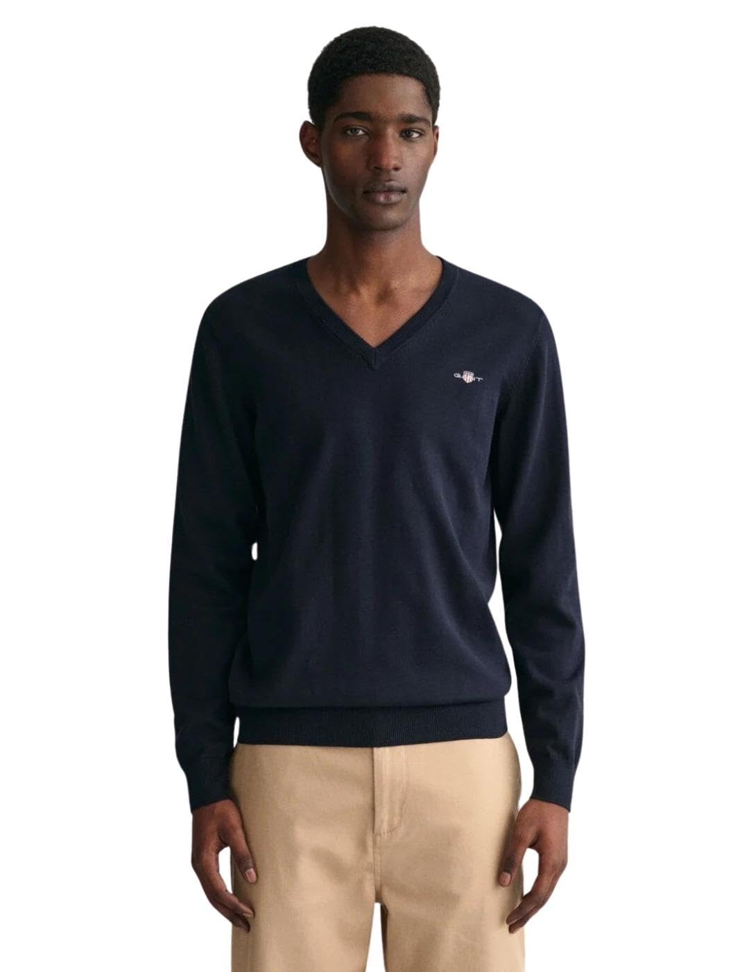 GANT Herren Classic Cotton V-Neck Pullover L Evening Blue, L Evening Blue