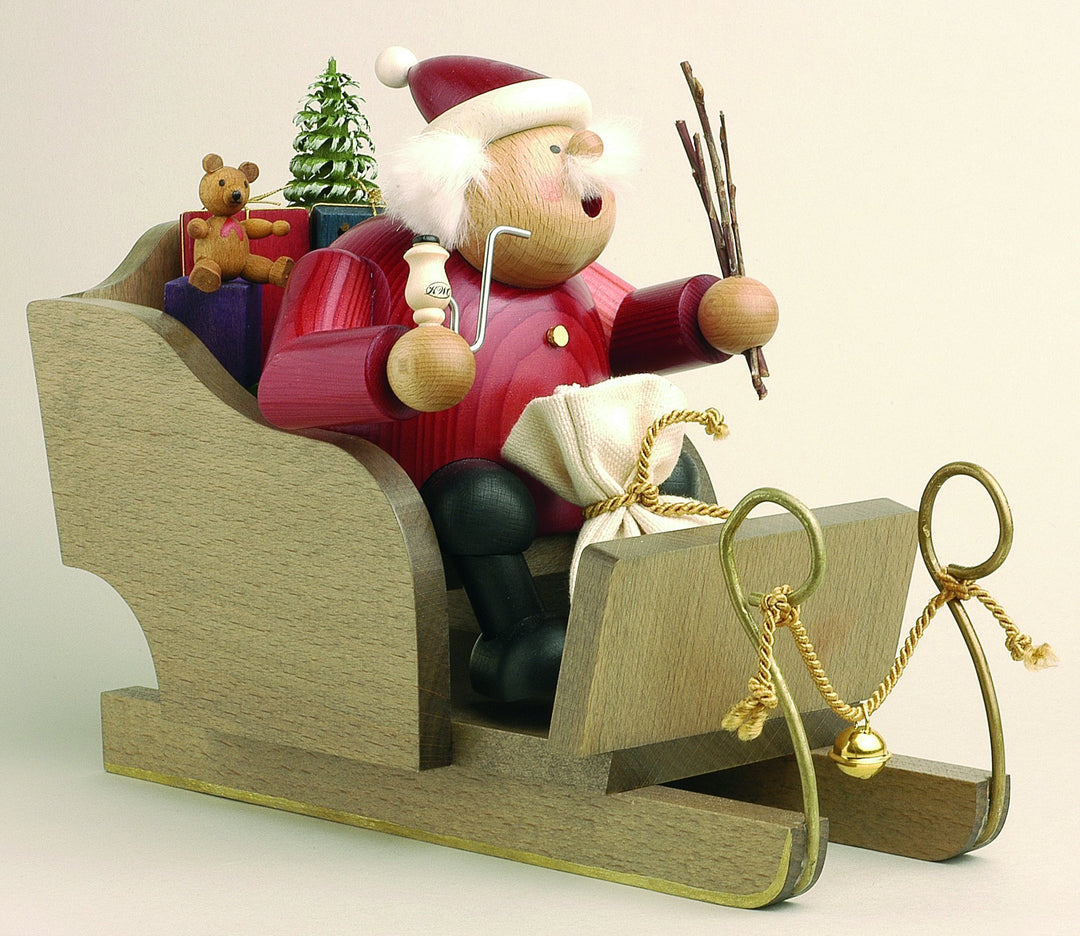 KWO Olbernhau Räuchermann Weihnachtsmann mit Schlitten, 20 cm, Mehrfarbig