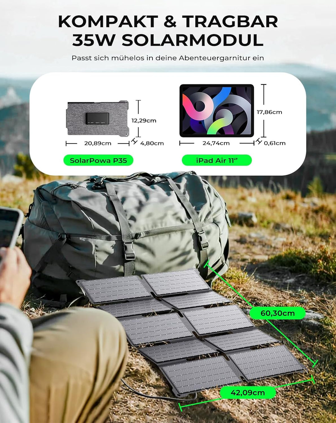 BigBlue Tragbarer 35W Tragbar Solar Ladegerät mit Schnellladung USB-A und PD 25W USB-C für Camping u