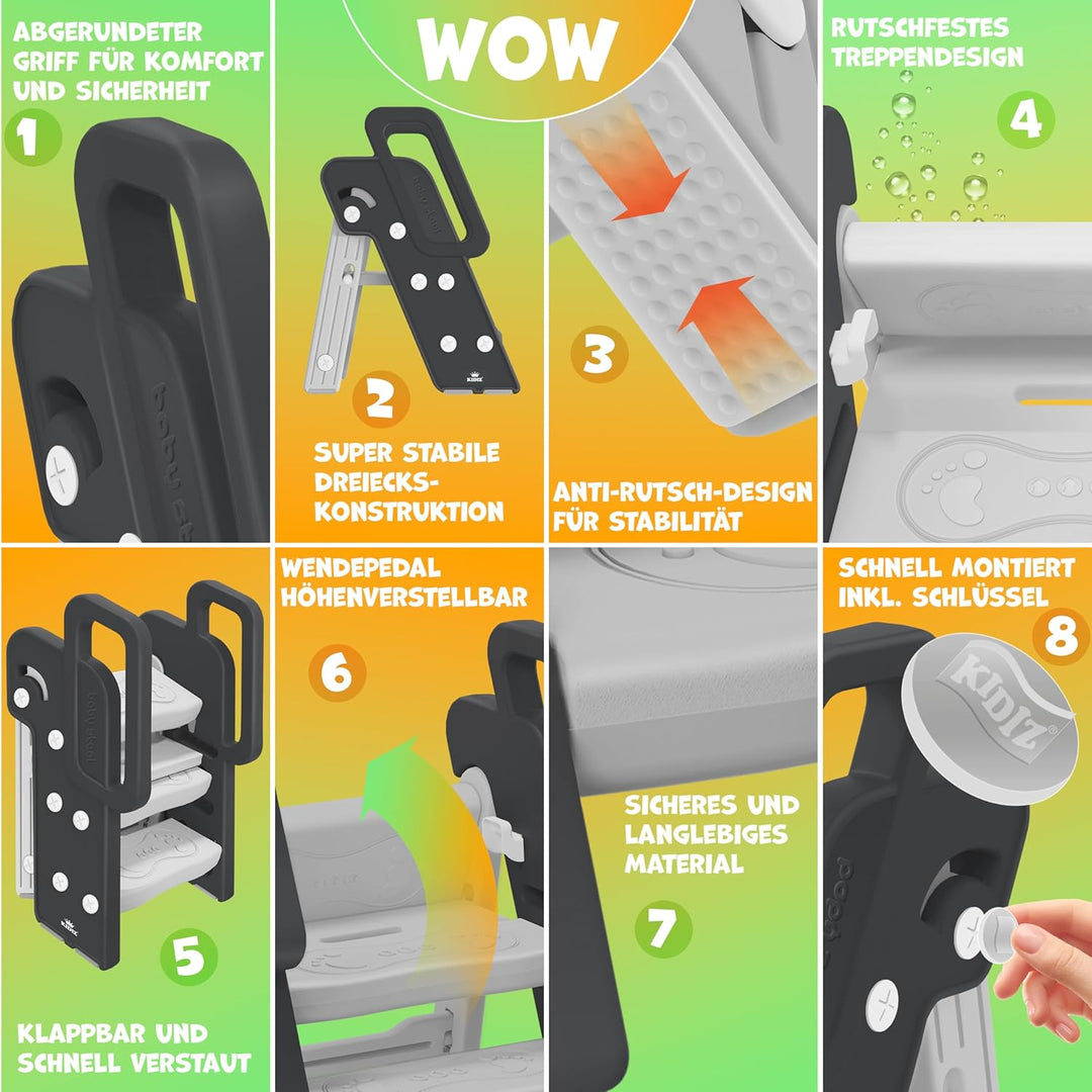 KIDIZ® Tritthocker für Kinder Trittleiter Klappbar mit 3 Stufen | Faltbarer Lern-Turm ab 18 Monaten