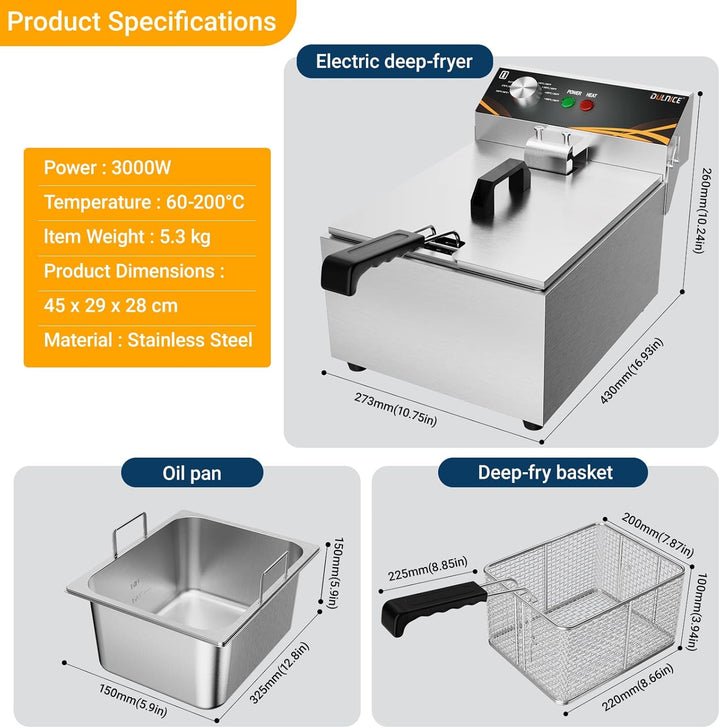 6L Gastro Friteuse mit Einzeltank & Deckel Fritteuse mit Fett 3000W, Edelstahl Elektrische Friteuse