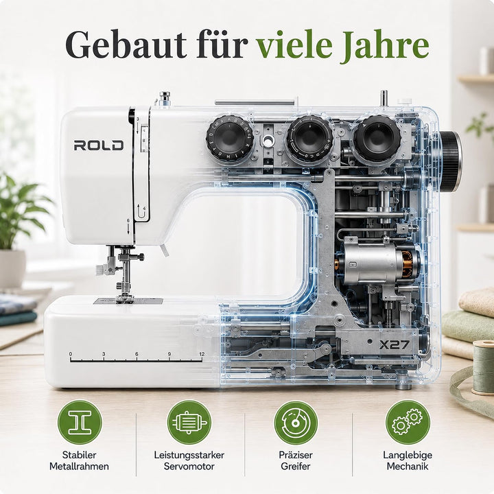 ROLD X27 Mechanische Nähmaschine mit Servomotor – 25 Stichprogramme, Automatischer Nadeleinfädler, L
