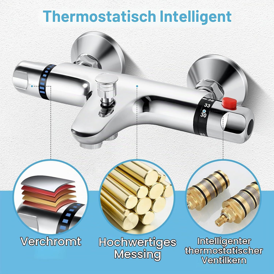 Duscharmatur mit Thermostat aus Messing, Chrom Mischbatterie und Aufputz für Badewanne und Dusche mi