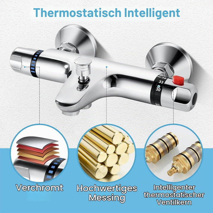 Duscharmatur mit Thermostat aus Messing, Chrom Mischbatterie und Aufputz für Badewanne und Dusche mi