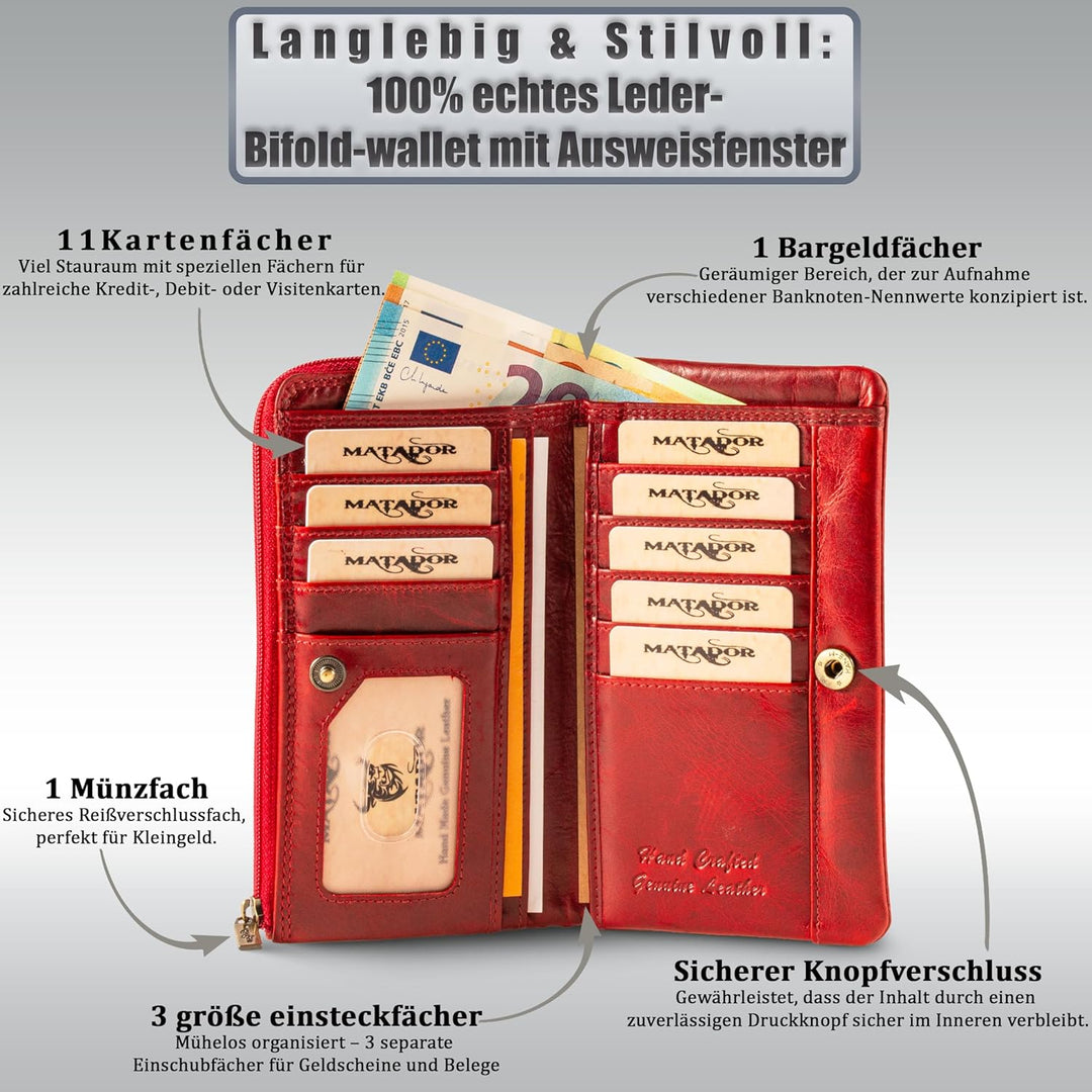 MATADOR Damen Geldbörse Echt Leder Gross 11 Kartenfächer - TÜV geprüfter RFID &amp; NFC Schutz - Handgef