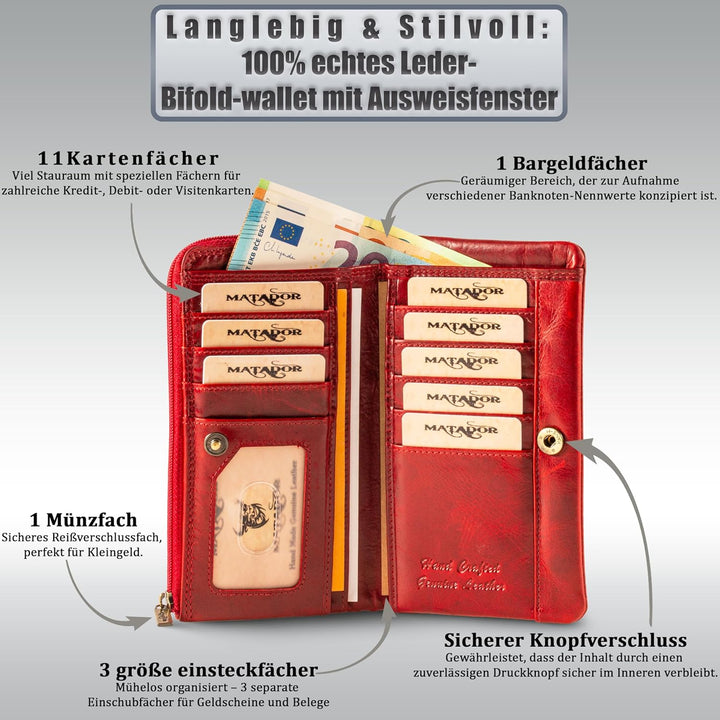 MATADOR Damen Geldbörse Echt Leder Gross 11 Kartenfächer - TÜV geprüfter RFID &amp; NFC Schutz - Handgef