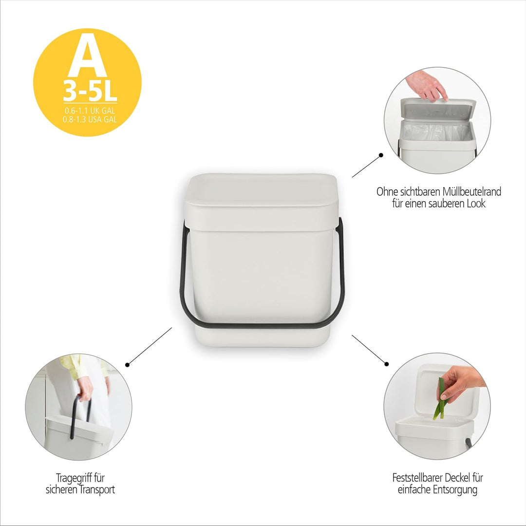Brabantia Sort & Go Abfalleimer mit Deckel 3 L (hellgrau), platzsparender Biomüll Behälter mit Griff