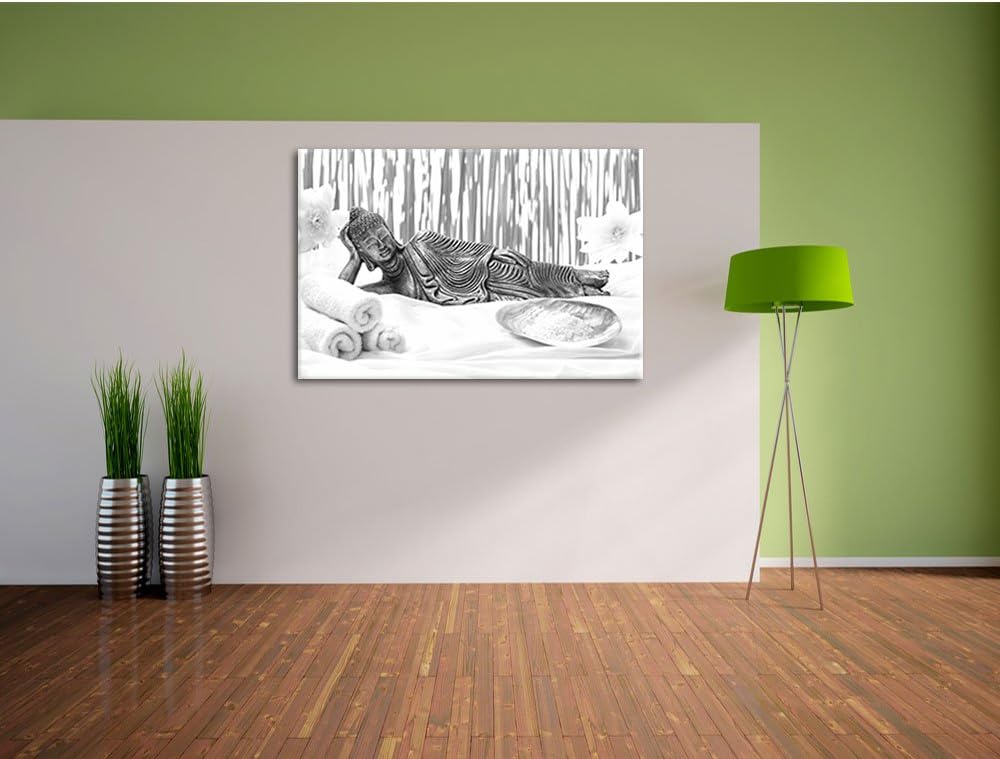 Pixxprint Buddha auf Handtuch / 100x70cm Leinwandbild bespannt auf Holzrahmen/Wandbild Kunstdruck De