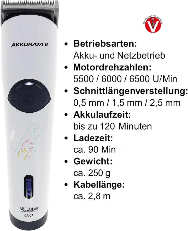 Rotschopf24 Aesculap Akkurata 2 GT407 Hunde Schermaschine. Leise & leicht, Akku/Netzbetrieb, 3 Gesch