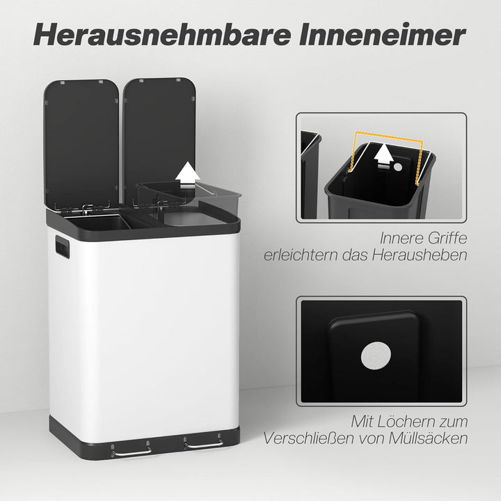 HOMCOM Mülltrennsystem 2 x 30L mit 2 Fächern Softclose-Deckel Metall Weiss, Weiss
