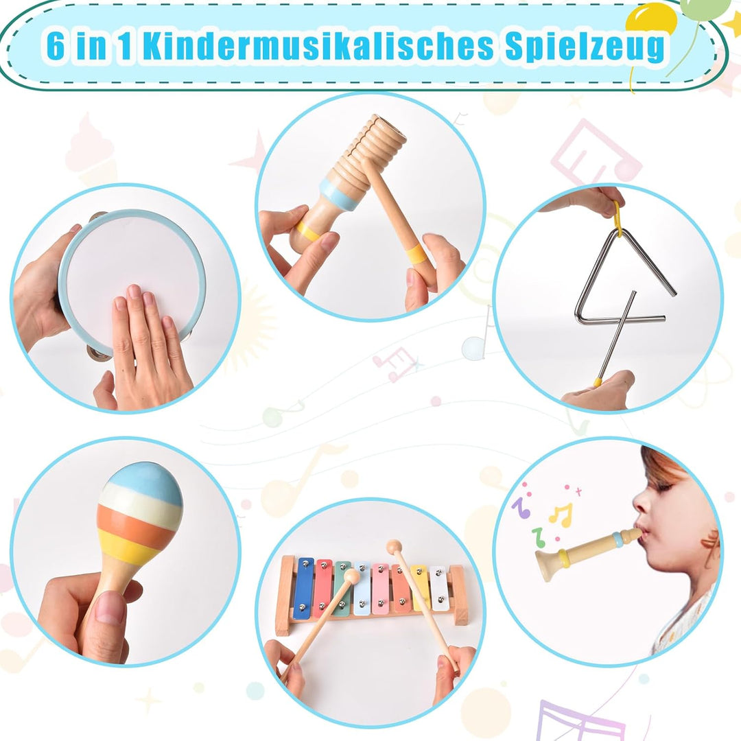 Baby Musikinstrumente Montessori-Holzspielzeug für Kleinkinder von 1-3 Jahren, 6 in 1 Musikinstrumen