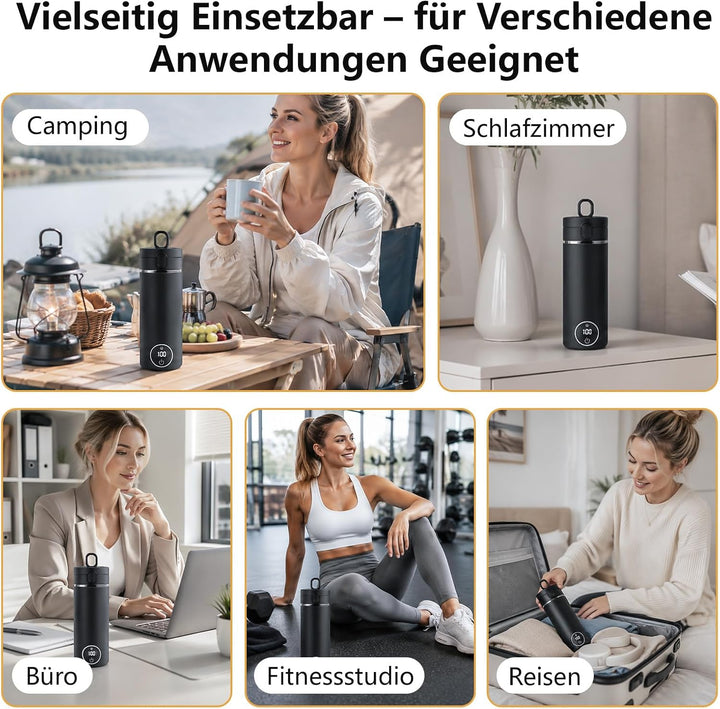 Skeufy 3-in-1 Reise Wasserkocher Klein mit Flaschenhülle &amp; Teesieb, Schwarz, Schwarz