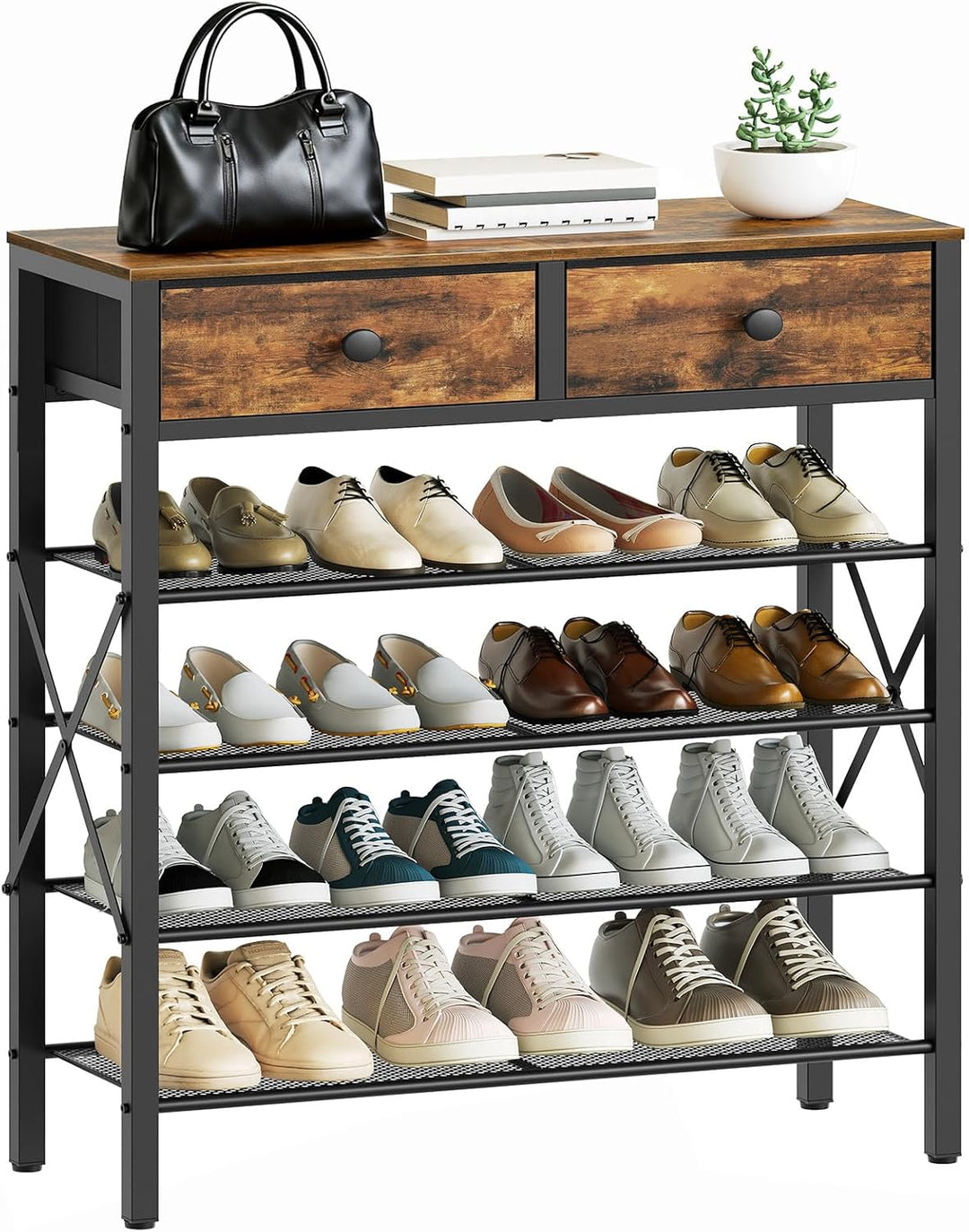 Schuhregal, Schuhablage mit 5 Ebenen, Schuhregal gross, Schuhständer mit 2 Stoffschubladen und 4 Git