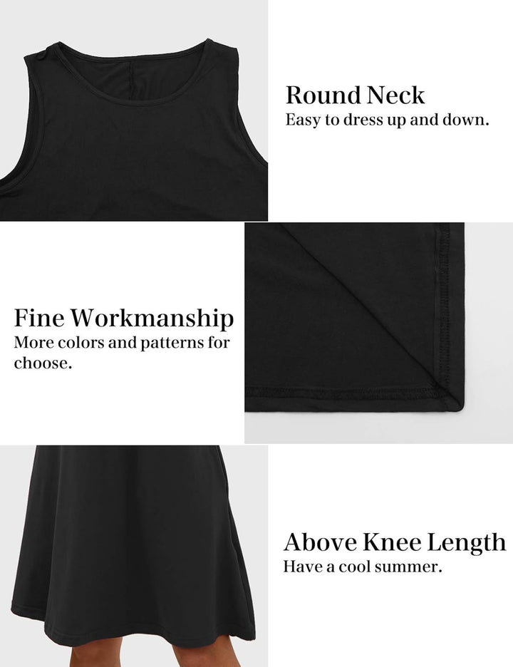 CHERFLY Damen Sommerkleid Casual Kurzes Freizeitkleid Ärmelloses Strandkleid mit Taschen S Schwarz,