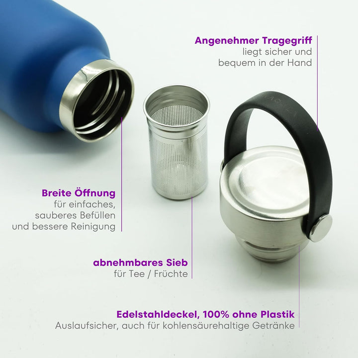 Thermosflasche 500ml mit Tragegriff und abnehmbarem Sieb f Tee od Früchte. Edelstahl Trinkflasche au