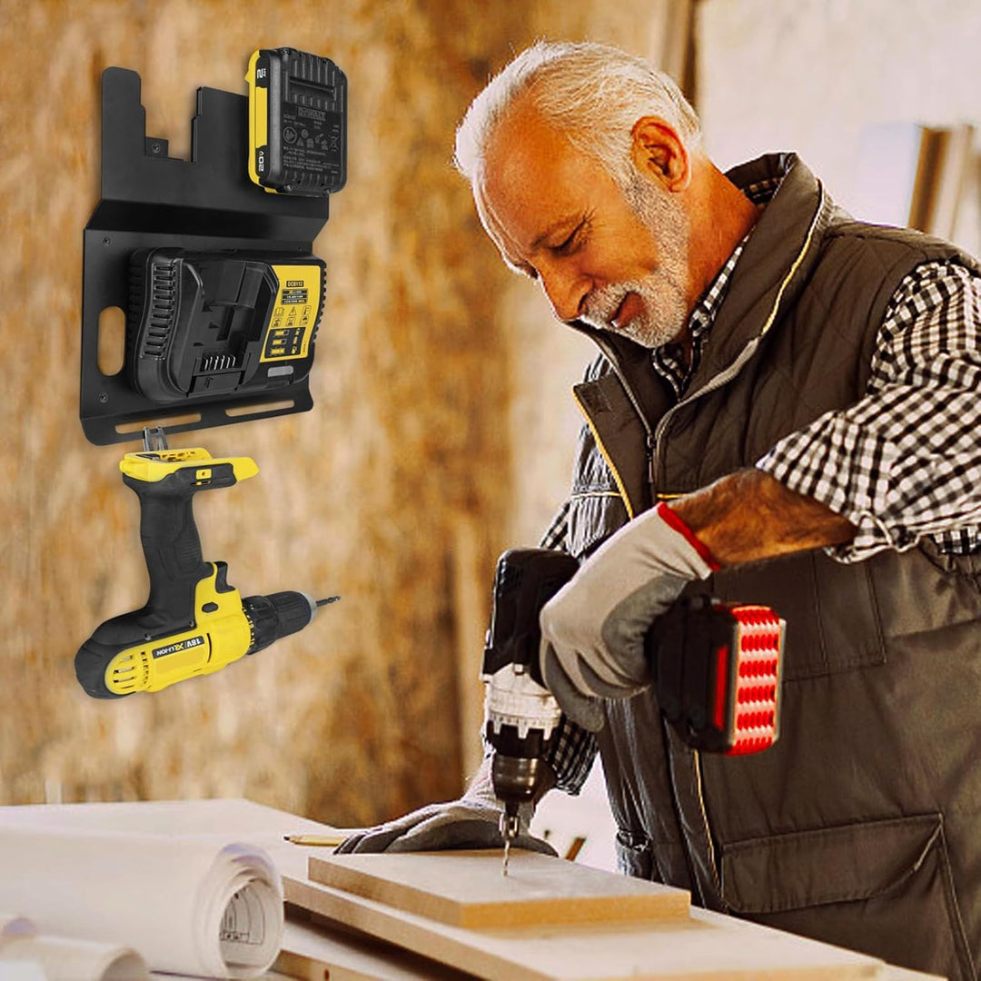 JYiuog Wandhalterung für DeWalt 20V Akku und DCB112 Ladegerät, robuster Metall Schwarz 2 Akkuhalter