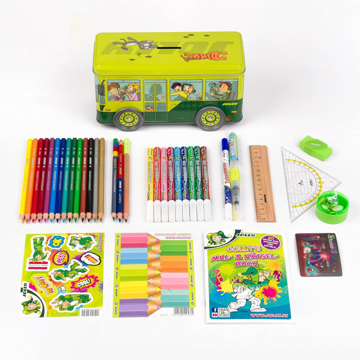 JOLLY Schulbus Schulset, 38-teilig, Buntstifte, Fasermaler, Lineal, Geodreieck, Wasserpinsel, Malbuc
