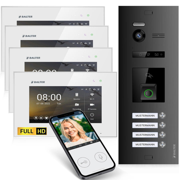 Balter EVO-HD Video Türsprechanlage mit Fingerprint, Video Türklingel, Smartphone App, 4 Familienhau