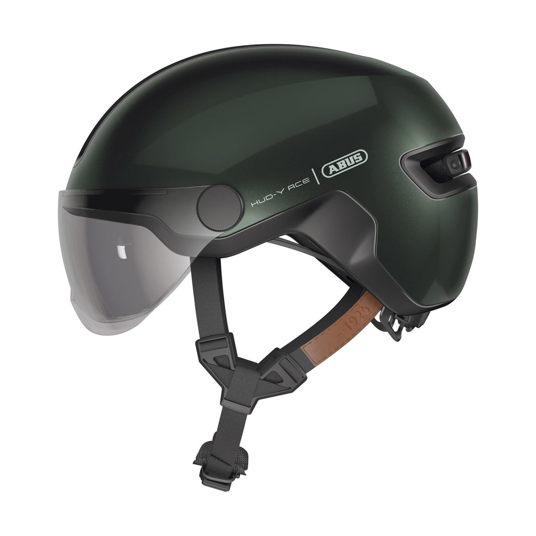 ABUS Stadthelm HUD-Y ACE - stylischer Fahrradhelm mit Visier und magnetischem, aufladbarem LED-Rückl
