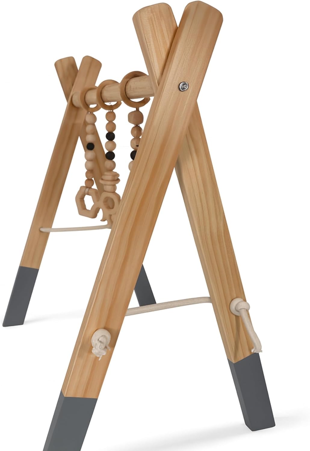 Lemodo Spielbogen Baby aus Kiefernholz Natur – Montessori Spieltrapez klappbar mit 3 Anhängern, leic