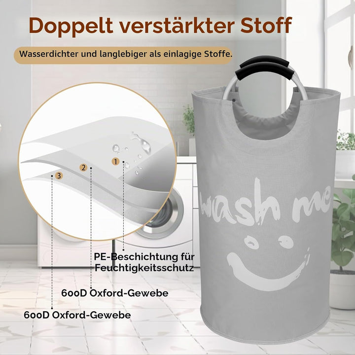 Grosser Wäschekorb 115L, Faltbar Wäschesammler, Lächelndes Muster Wäschetonne Stoff Wäschesack mit G