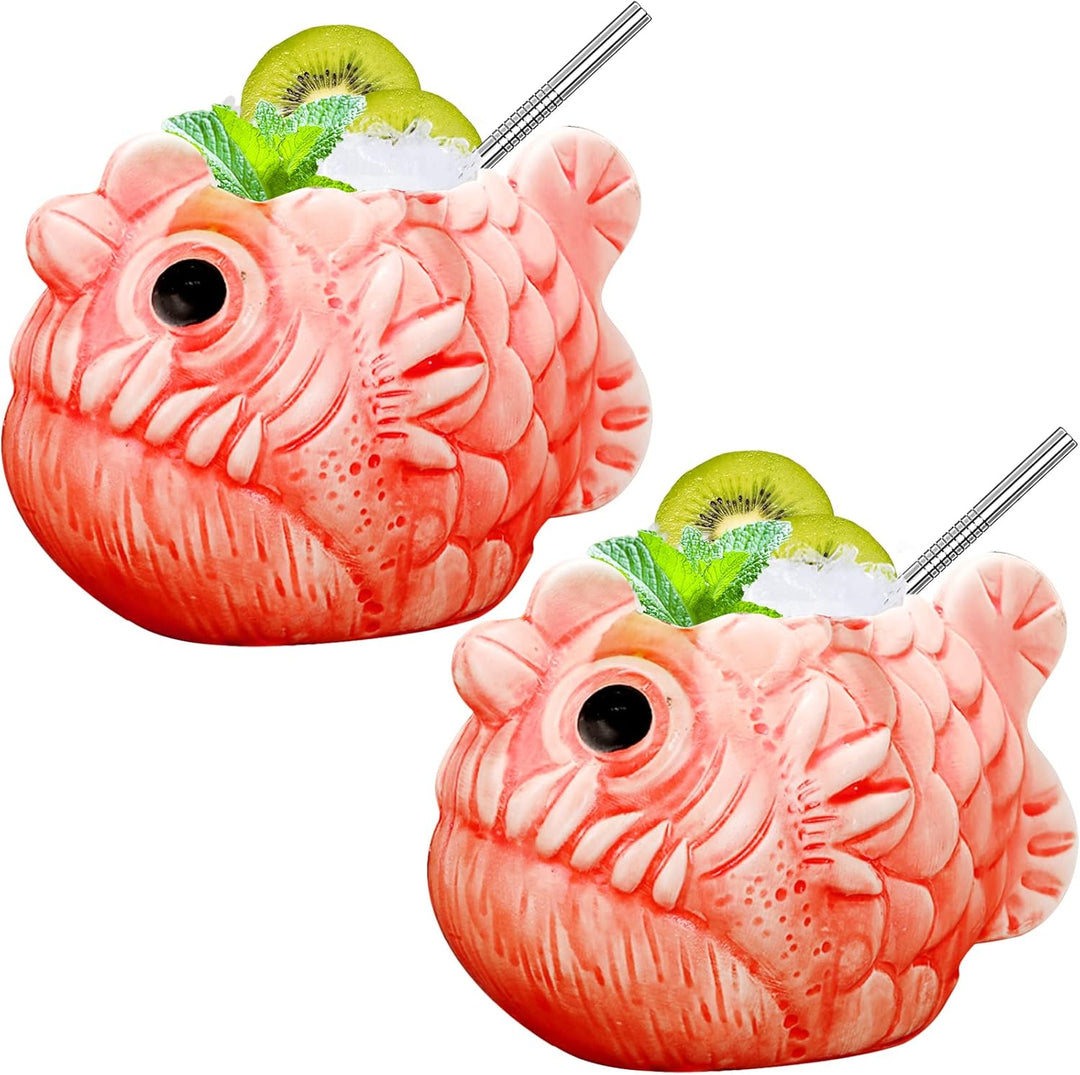 Tiki-Tassen-Set Fische Hawaii-Party-Becher aus Keramik für Cocktails hochwertiges Tassen-Set mit 2 T