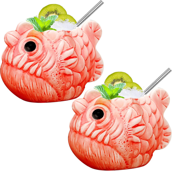 Tiki-Tassen-Set Fische Hawaii-Party-Becher aus Keramik für Cocktails hochwertiges Tassen-Set mit 2 T