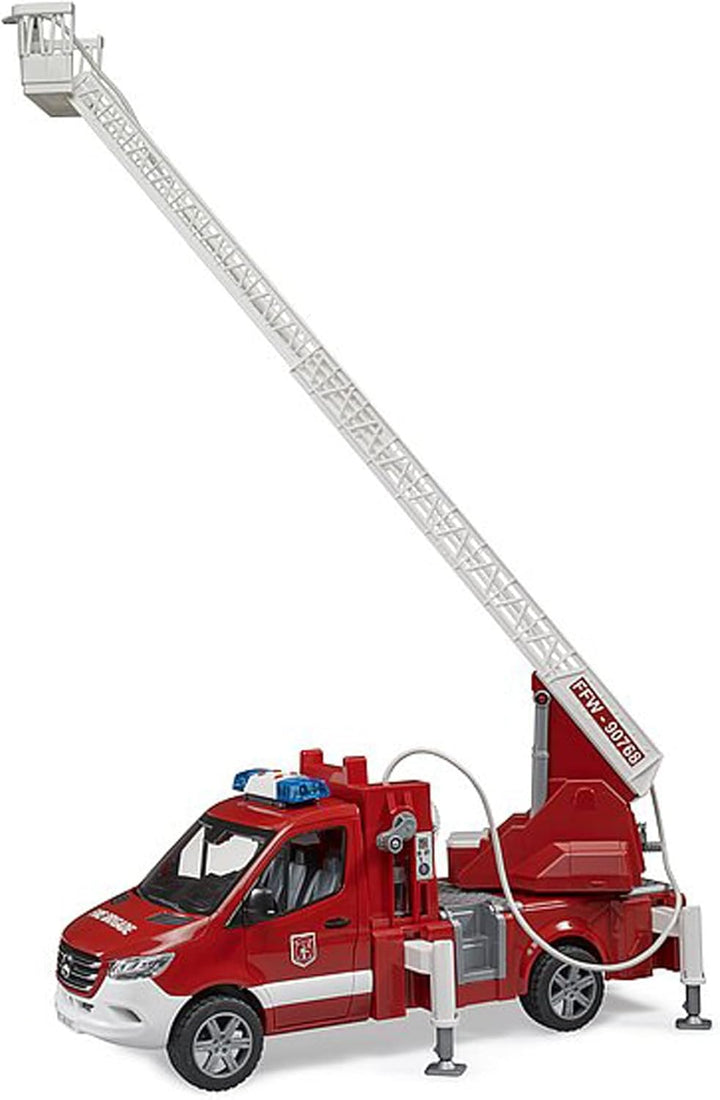 bruder 02673 - Mercedes-Benz Sprinter Feuerwehr mit Drehleiter Pumpe und Light & Sound Modul bworld