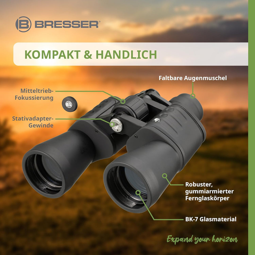 Bresser Fernglas Hunter 10x50 mm mit Prismen aus vollvergütetem BK-7 Glasmaterial, faltbaren Augenmu