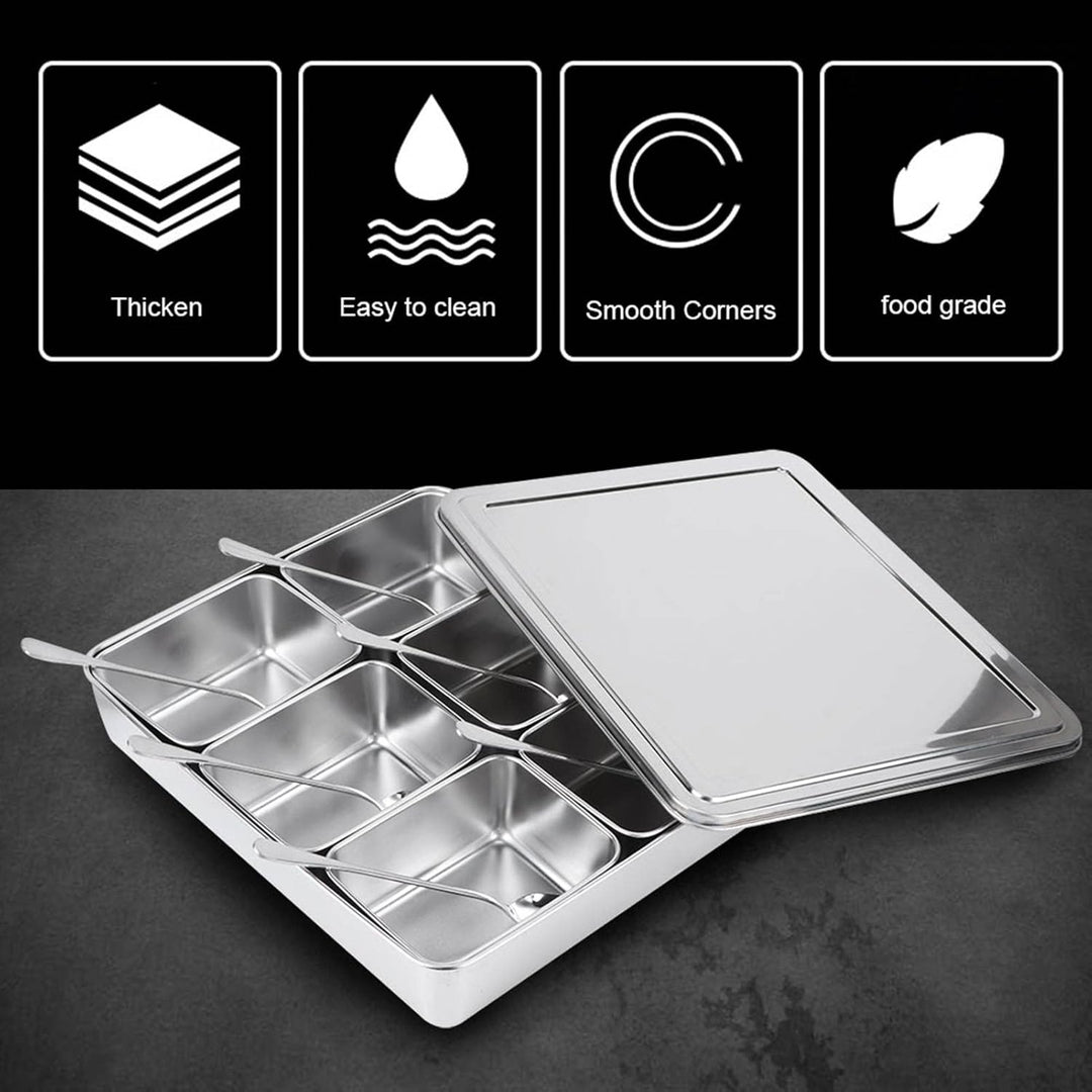 Haofy Edelstahl-Gewürzbox, Gewürzvorratsbehälter mit 6 Gittern, Gewürzglasbehälter-Set mit Löffeln K