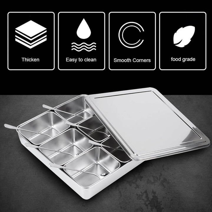 Haofy Edelstahl-Gewürzbox, Gewürzvorratsbehälter mit 6 Gittern, Gewürzglasbehälter-Set mit Löffeln K