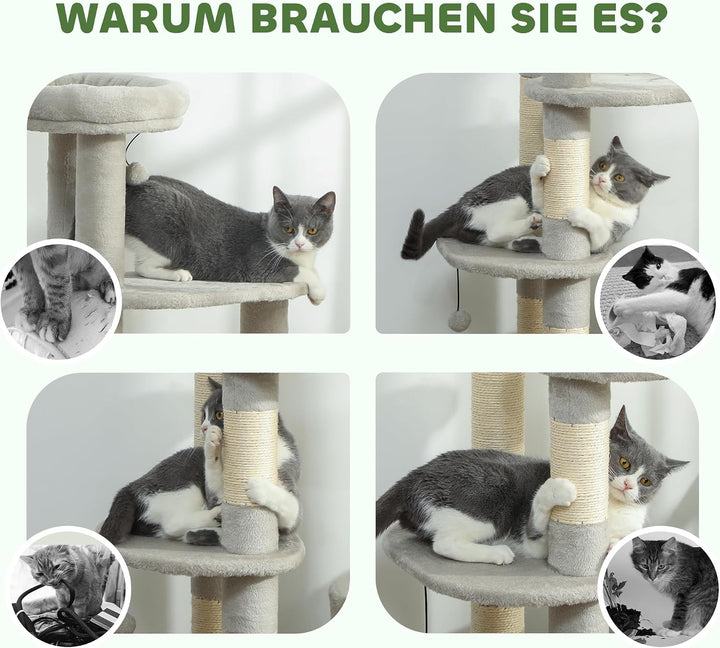 PawHut Kratzbaum 114 cm mit Höhle Spielball für Katzen unter 6 kg Hellgrau | Katzenturm, Sisalstämme
