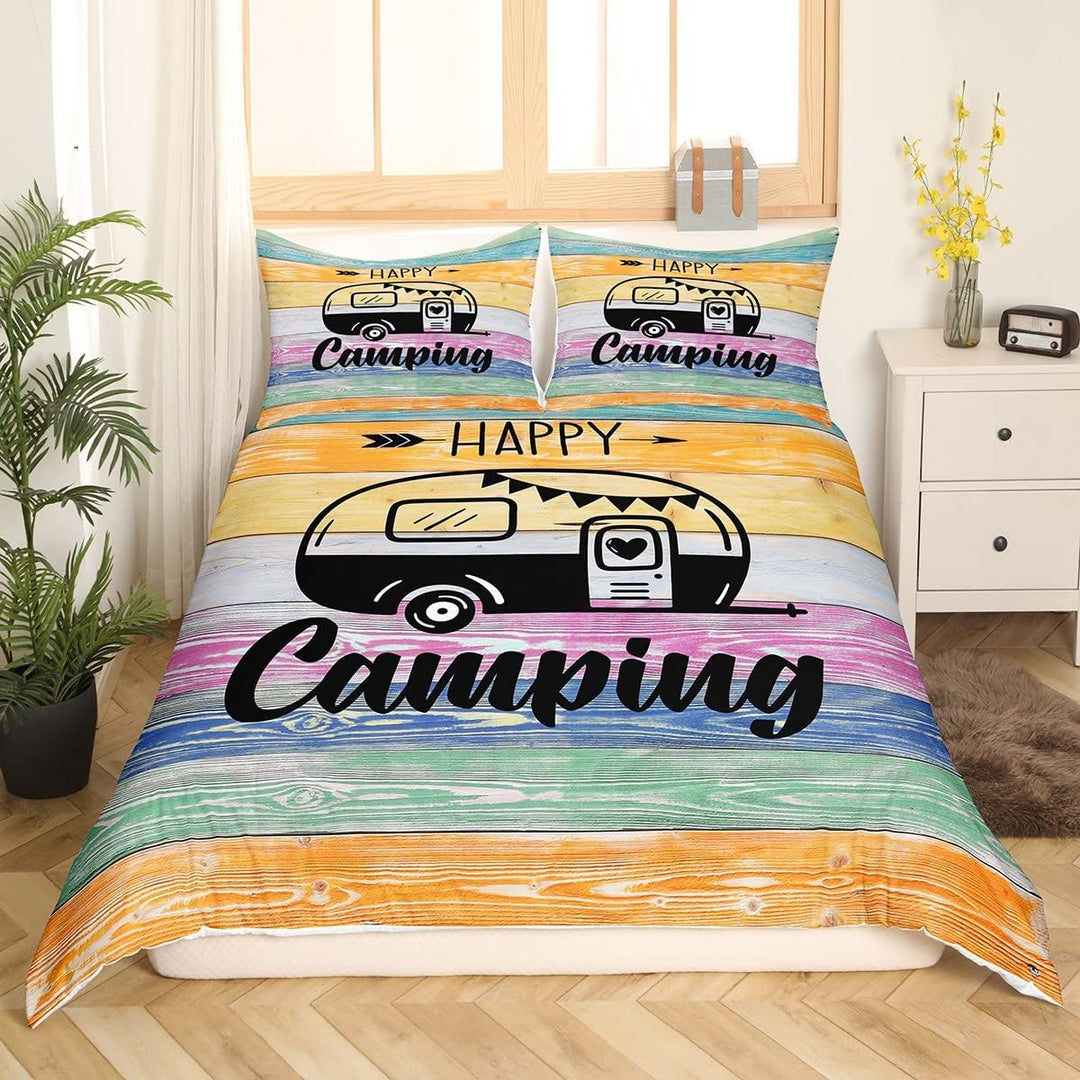 Camper Bettwäsche Set für Jungen Happy Camping Bettbezug 2 teilig rustikaler Bauernhaus Bettbezug fü