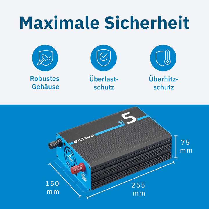 ECTIVE Reiner Sinsus Wechselrichter SI5-500W, 12V auf 230V, USB, Überlastschutz, Überhitzungsschutz,