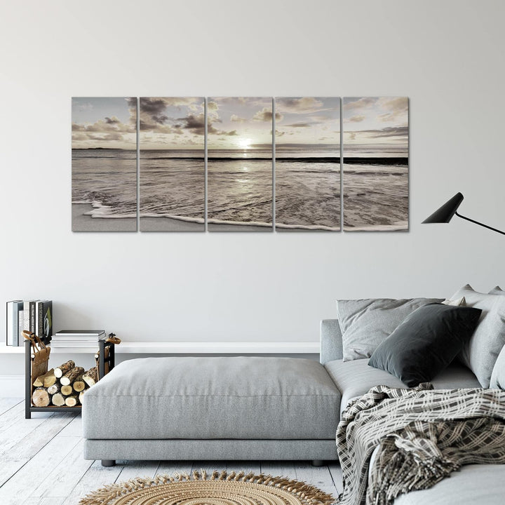 Runa Art Wandbild XXL Sonnenuntergang Strand Schlafzimmer Wohnzimmer 200 x 80 cm Schwarz Weiss 5 Tei