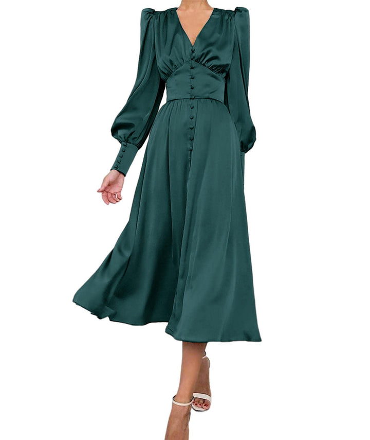xxxiticat Damen Langarm Satin Maxikleid Lange Laternenärmel Knopfleiste Rüschen Einreihig Vintage Pu