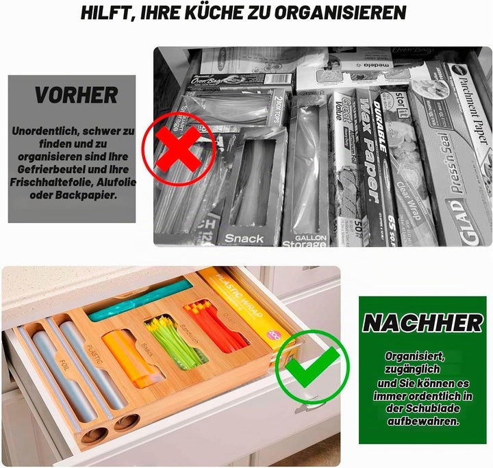 LudoHome Folien- und Bambusfolienspender mit Schneidemaschine, Gefrierbeutel-Organizer, 6-in-1 Küche