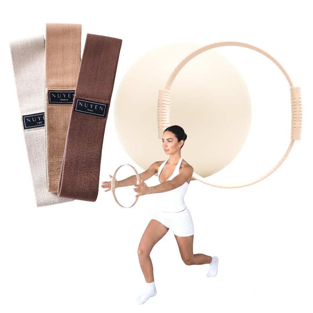 Premium Pilates Set 3-teilig: Ring, Ball & Booty Bänder – Nude/Braun – Home Studio Workout Zubehör m