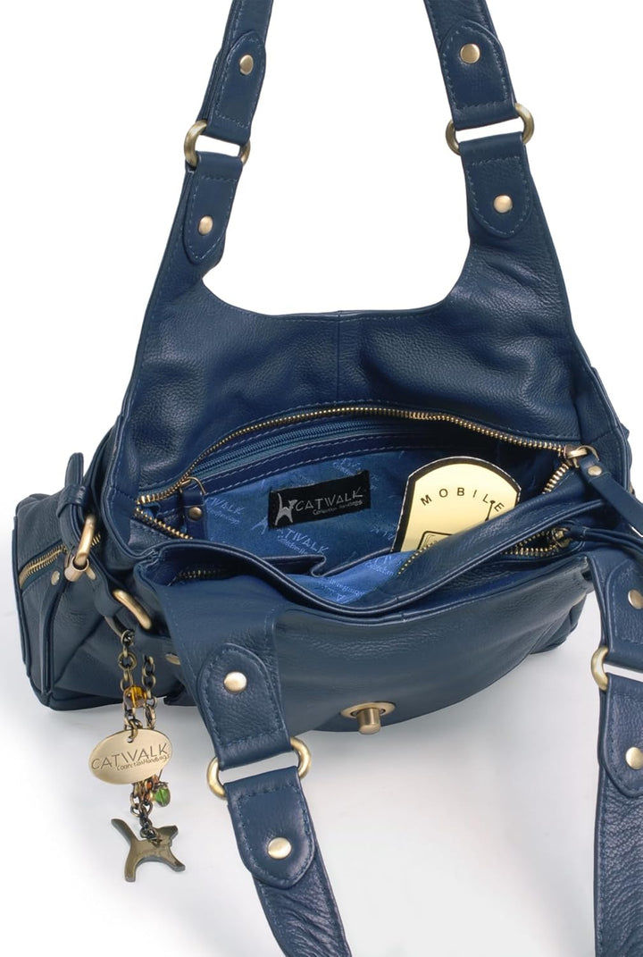 Catwalk Collection Handbags - Damen Leder Schultertasche - Handtasche Mittelgross mit Viele Fächer -