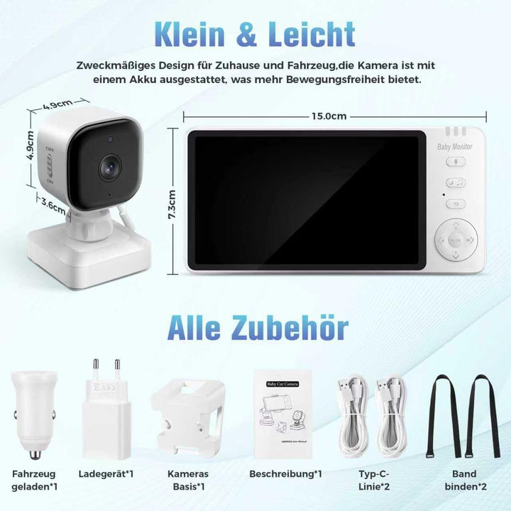 Baby Kamera Auto: 5" HD Kabelloser Baby Monitor mit Infrarot-Nachtsicht und Temperaturanzeige Batter