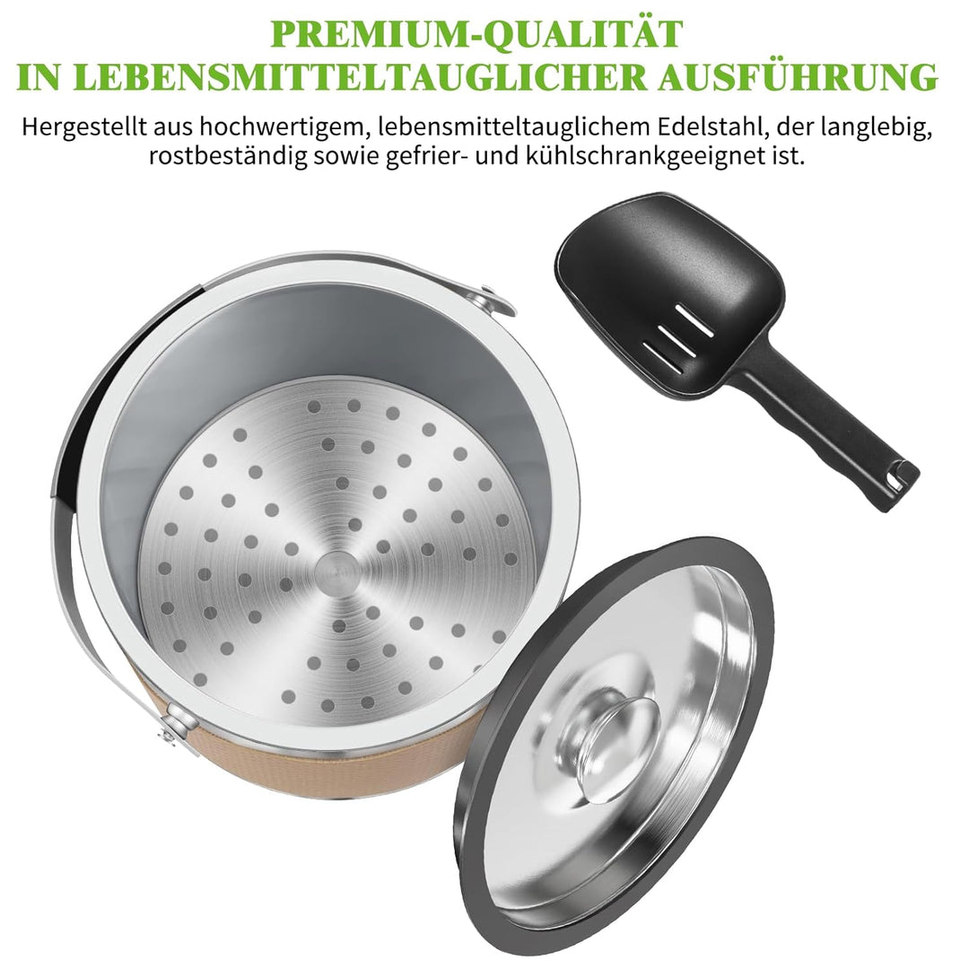 3.2L Eiswürfelbehälter mit Deckel und Schaufel, Upgrade Lederdesign Edelstahl Eiskübel, Doppelwandig