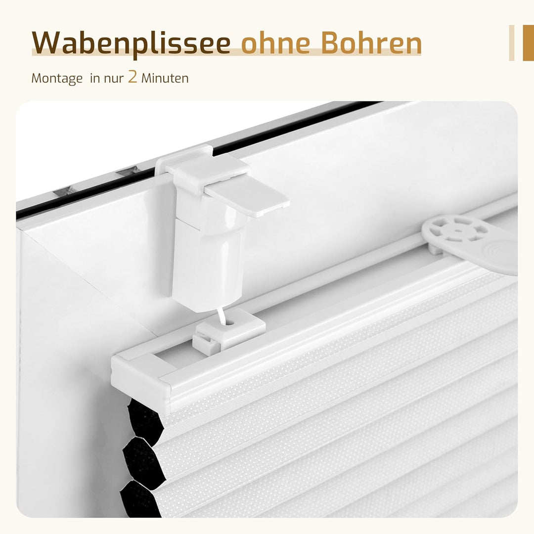 Grandekor Verdunklungsplissee Wabenplissee ohne Bohren Weiss-Weiss 40x110cm (BxH) Klemmfix Plissee o