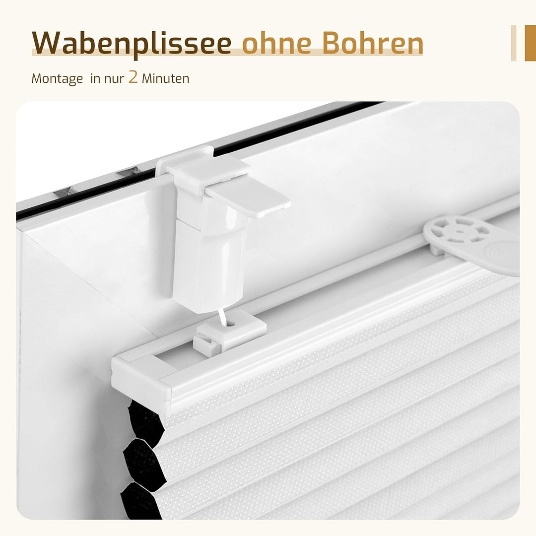 Grandekor Verdunklungsplissee Wabenplissee ohne Bohren Weiss-Weiss 40x110cm (BxH) Klemmfix Plissee o