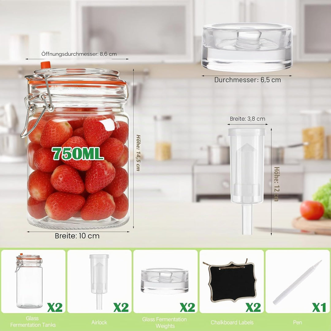 2 Stück Fermentierglas,750ml Fermentationsglas mit Deckel, Einmachglas mit Gärventi & Gewicht, Ferme