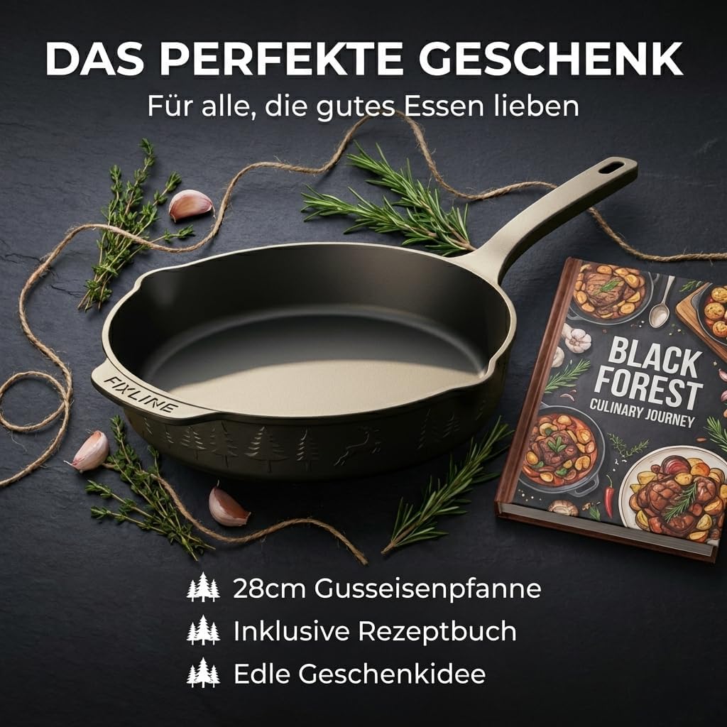 FIXLINE® Gusseisenpfanne in BLACK FOREST Edition 28cm - ORIGINAL - Induktion - Alle Herdarten inkl.