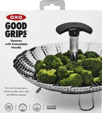 OXO Good Grips Edelstahl-Dämpfeinsatz mit ausziehbarem Griff – zum Dünsten von Gemüse und mehr, Silb