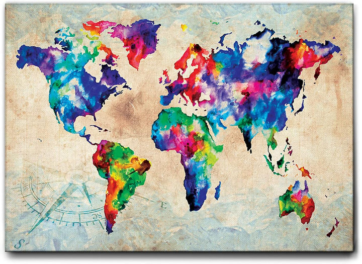 - BILD - DRUCK AUF LEINWAND - WORLD MAP COLOR - FARBIGE WELTKARTE - 50 x 70 CM, 50 x 70 CM