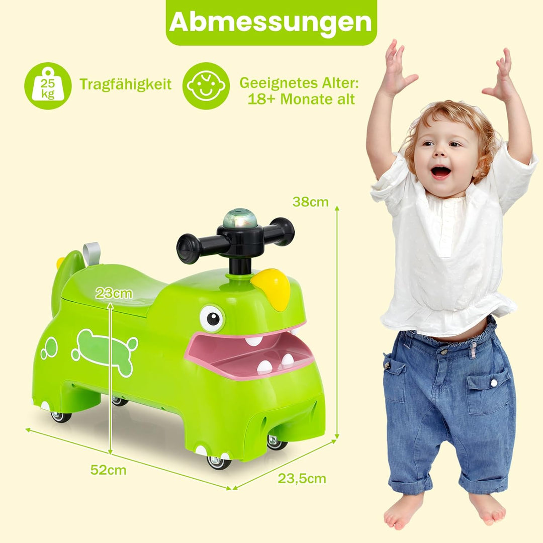 DREAMADE Rutschauto, Dinosaurier Rutschfahrzeug mit Hupe, Musik, Lichtern, Stauraum unter dem Sitz &
